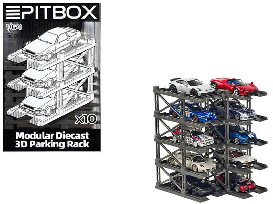 Modular Diecast 3D Parking Rack Display Stand Set of 10 Racks for 1/64 Scale Model Cars by Pitbox-0