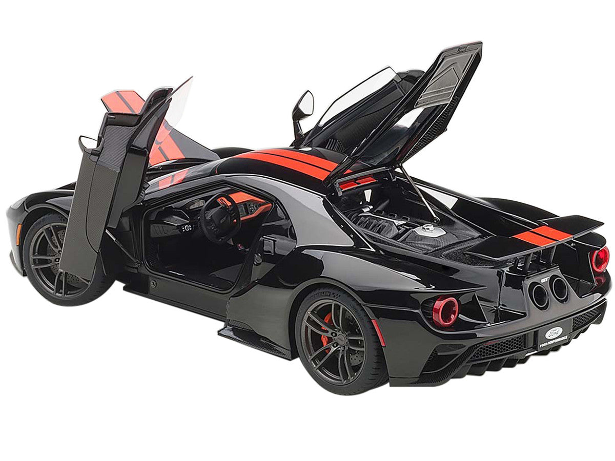 2017 Ford GT Shadow Black with Orange Stripes 1/18 Model Car by Autoart-1
