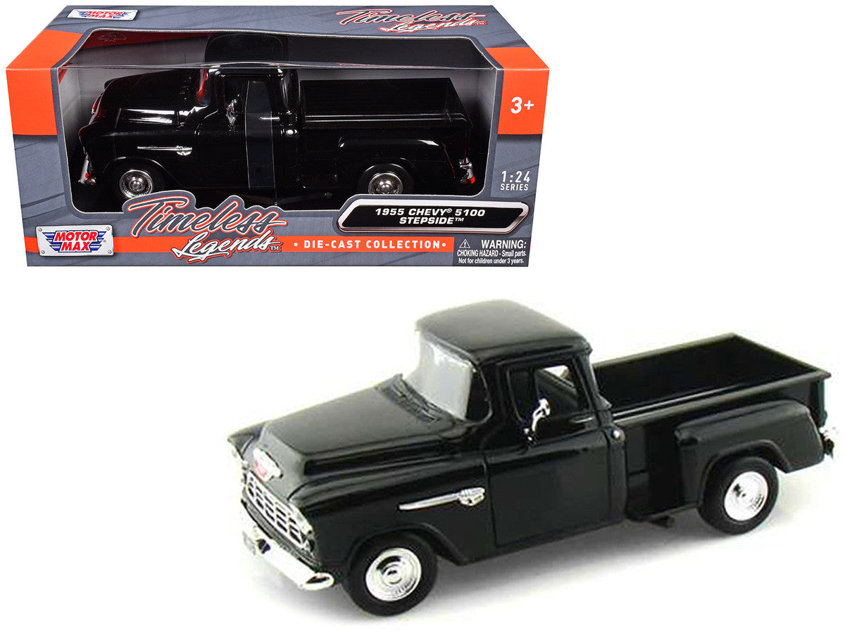 1955 Chevrolet 5100 Stepside Pickup Truck Black 1/24 Diecast Car Model by Motormax-2