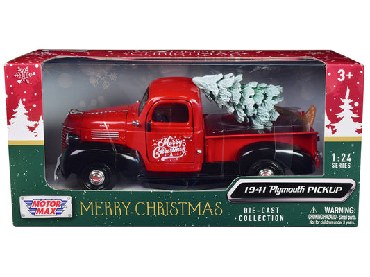 1941 Plymouth Pickup Truck Red and Black "Merry Christmas" with Tree Accessory 1/24 Diecast Model Car by Motormax-0