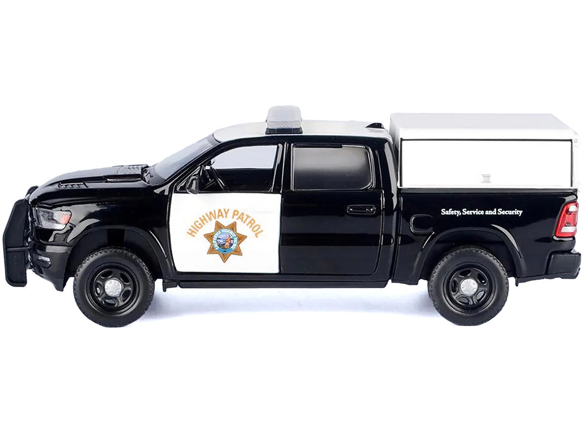 2019 RAM 1500 Laramine Crew Cab Pickup Truck "California Highway Patrol" Black and White with Truck Bed Camper "Law Enforcement and Public Service" Series 1/27 Diecast Model Car by Motormax-1