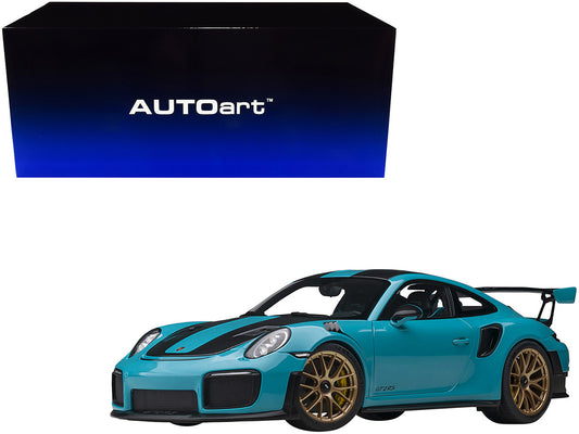 Porsche 911 (991.2) GT2 RS Weissach Package Miami Blue with Carbon Stripes 1/18 Model Car by Autoart-0