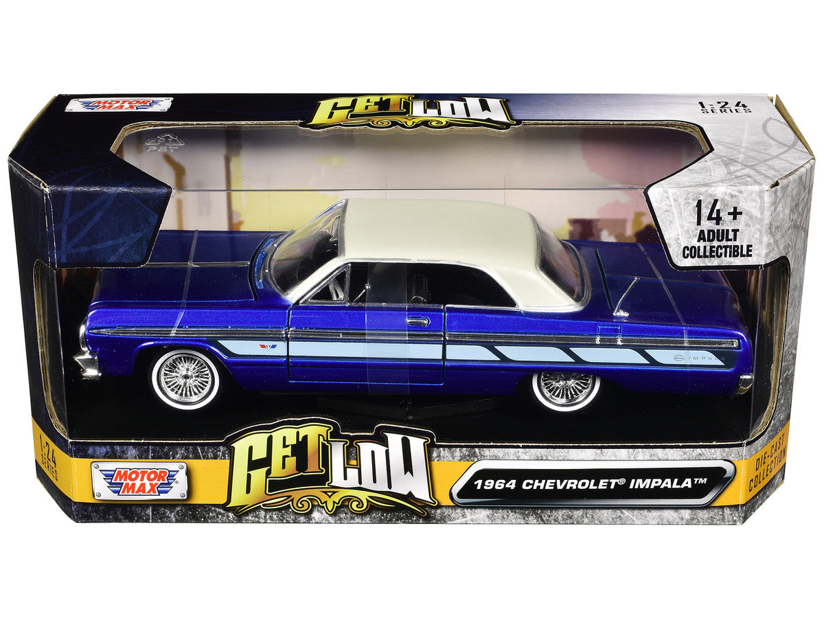 1964 Chevrolet Impala Lowrider Hard Top Candy Blue Metallic with Cream Top "Get Low" Series 1/24 Diecast Model Car by Motormax-1