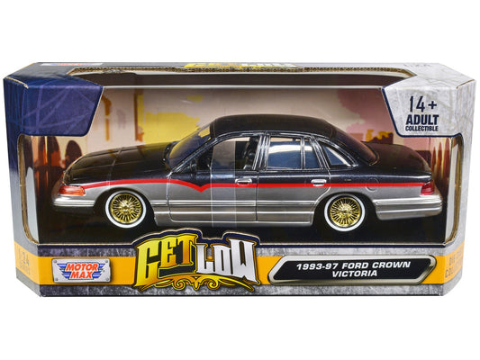 1993-1997 Ford Crown Victoria Lowrider Black Metallic and Silver with Red Stripes "Get Low" Series 1/24 Diecast Model Car by Motormax-0