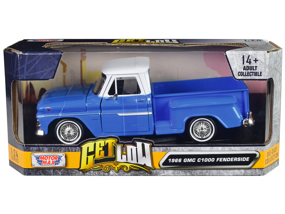 1966 GMC C1000 Fenderside Pickup Truck Lowrider Blue with White Top "Get Low" Series 1/24 Diecast Model Car by Motormax-2