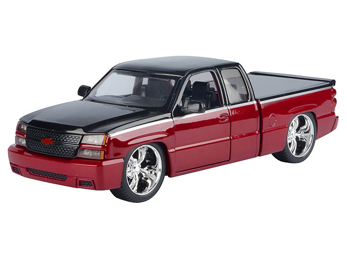 2006 Chevrolet Silverado Custom Pickup Truck Red Metallic and Black with Silver Stripes "Die-Cast Collection" Series 1/25 Diecast Model Car by Motormax-1