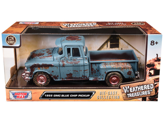 1955 GMC Blue Chip Pickup Truck Matt Blue (Rusted) "Weathered Treasures" Series 1/24 Diecast Model Car by Motormax-0