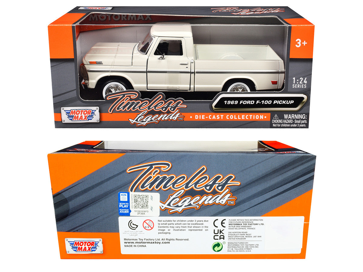 1969 Ford F-100 Pickup Truck Cream "Timeless Legends" Series 1/24 Diecast Model Car by Motormax-2