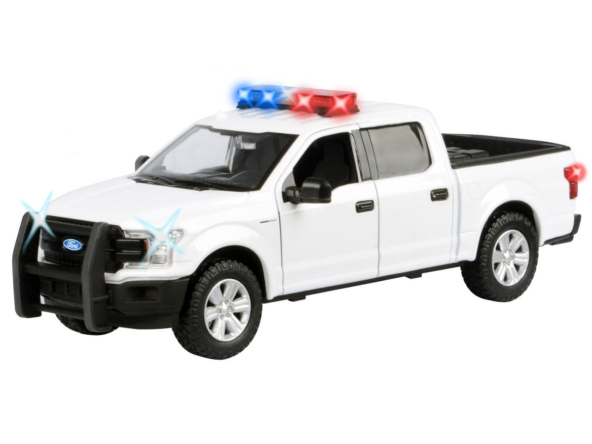 2019 Ford F-150 Lariat Crew Cab Pickup Truck White with Flashing Light Bar and Front and Rear Lights and Sounds 1/27 Diecast Model Car by Motormax-1
