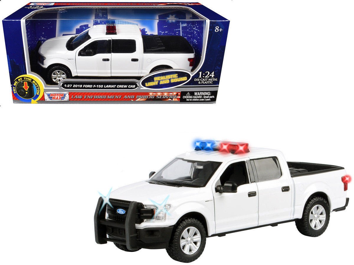 2019 Ford F-150 Lariat Crew Cab Pickup Truck White with Flashing Light Bar and Front and Rear Lights and Sounds 1/27 Diecast Model Car by Motormax-0