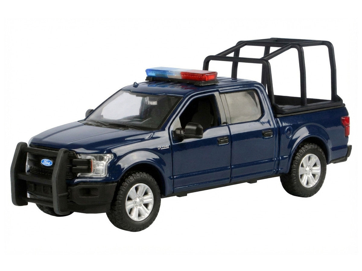 2019 Ford F-150 Lariat Crew Cab Pickup Truck with Bed Cage Dark Blue with Flashing Light Bar and Front and Rear Lights and Sounds 1/27 Diecast Model Car by Motormax-1
