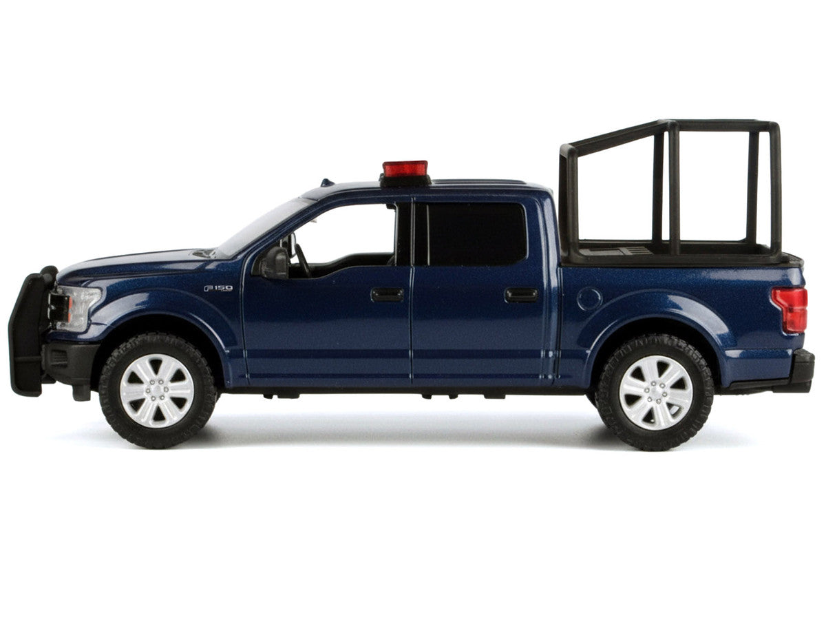 2019 Ford F-150 Lariat Crew Cab Pickup Truck with Bed Cage Dark Blue with Flashing Light Bar and Front and Rear Lights and Sounds 1/27 Diecast Model Car by Motormax-2