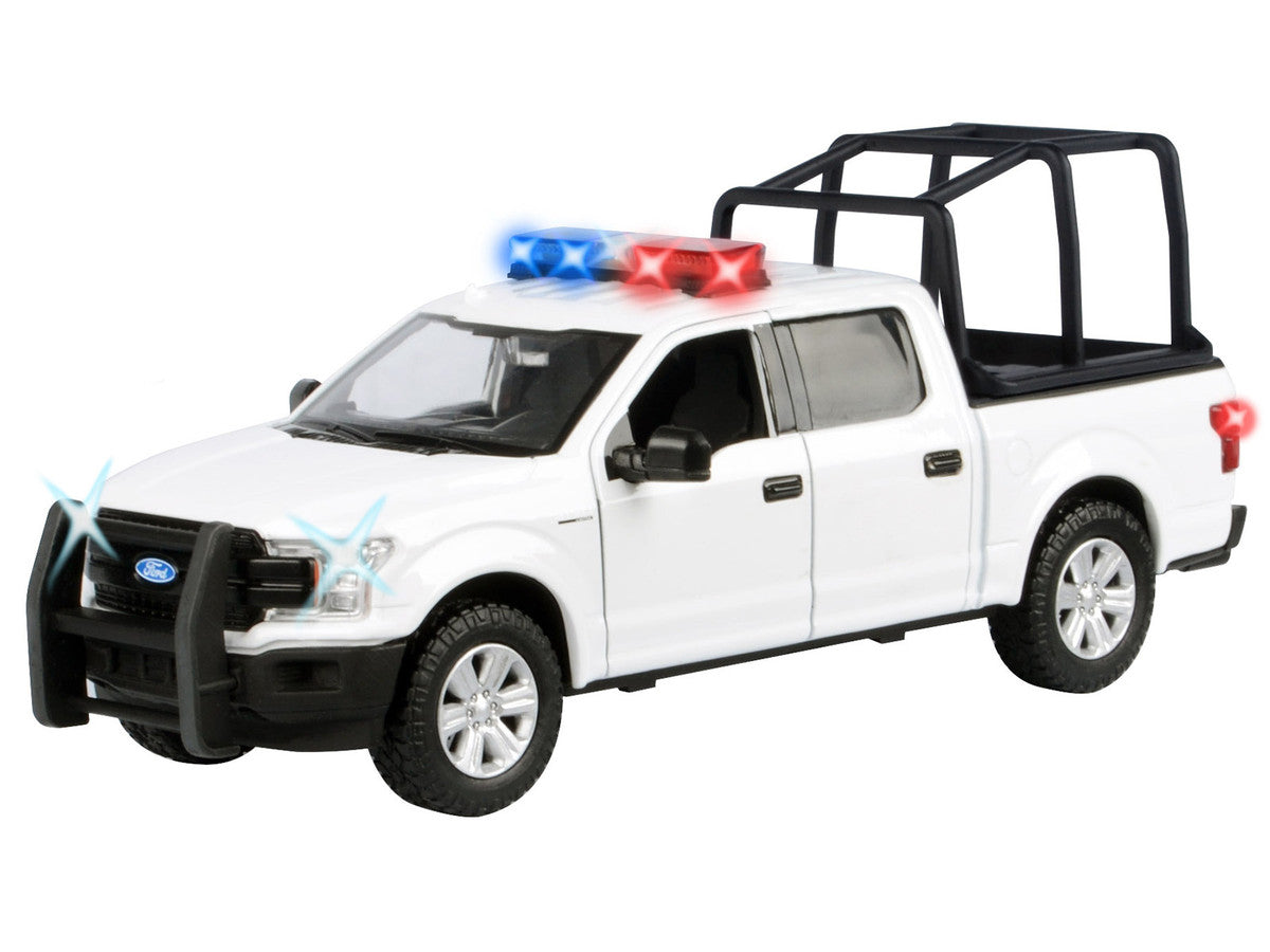 2019 Ford F-150 Lariat Crew Cab Pickup Truck with Bed Cage White with Flashing Light Bar and Front and Rear Lights and Sounds 1/27 Diecast Model Car by Motormax-1