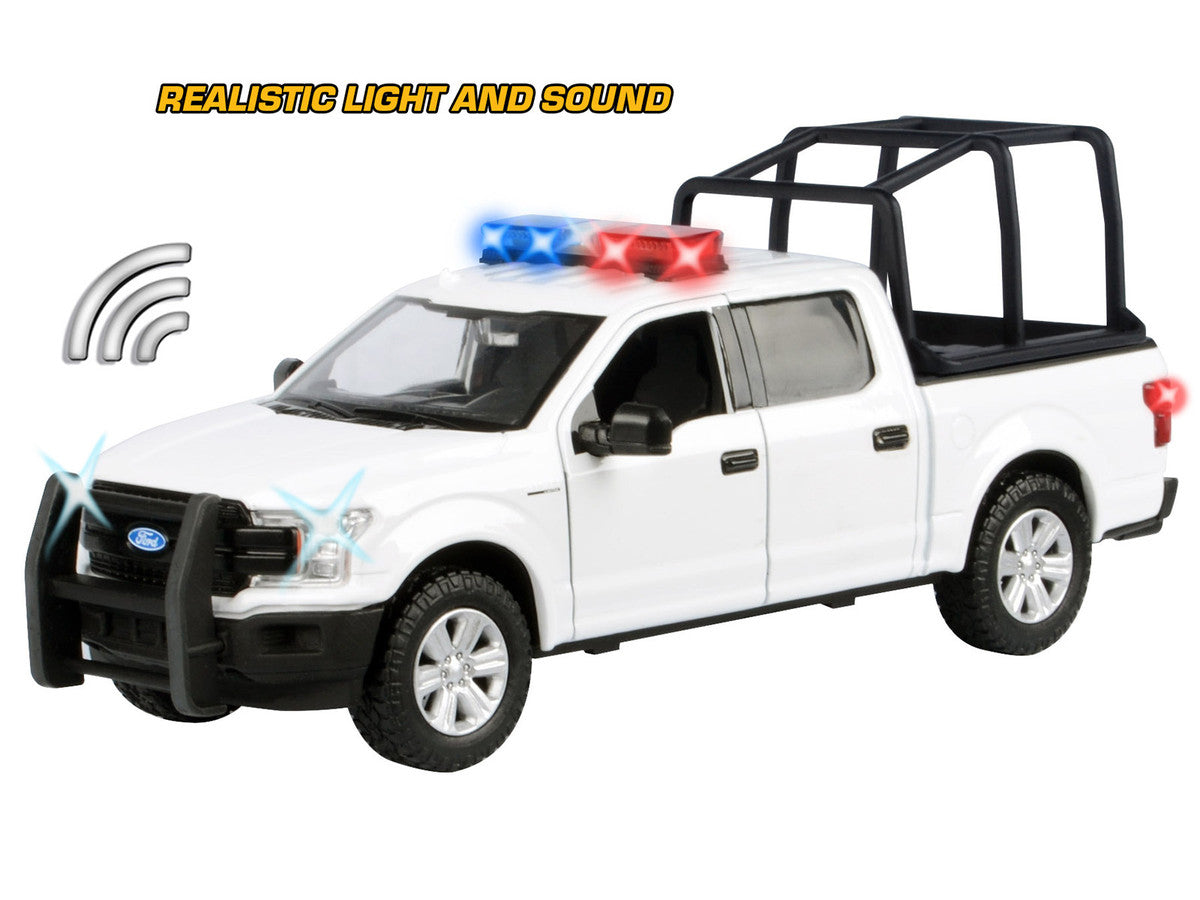 2019 Ford F-150 Lariat Crew Cab Pickup Truck with Bed Cage White with Flashing Light Bar and Front and Rear Lights and Sounds 1/27 Diecast Model Car by Motormax-2