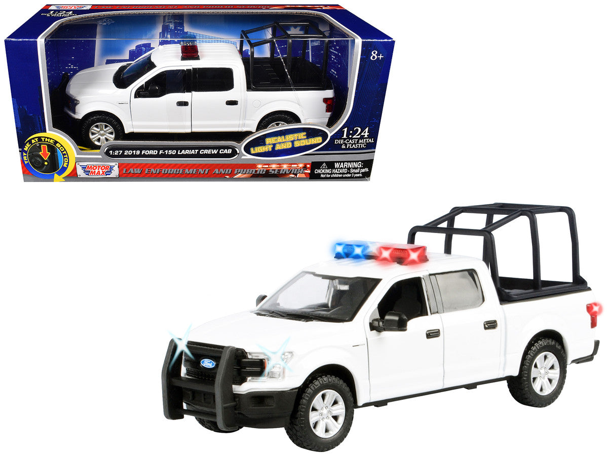 2019 Ford F-150 Lariat Crew Cab Pickup Truck with Bed Cage White with Flashing Light Bar and Front and Rear Lights and Sounds 1/27 Diecast Model Car by Motormax-0