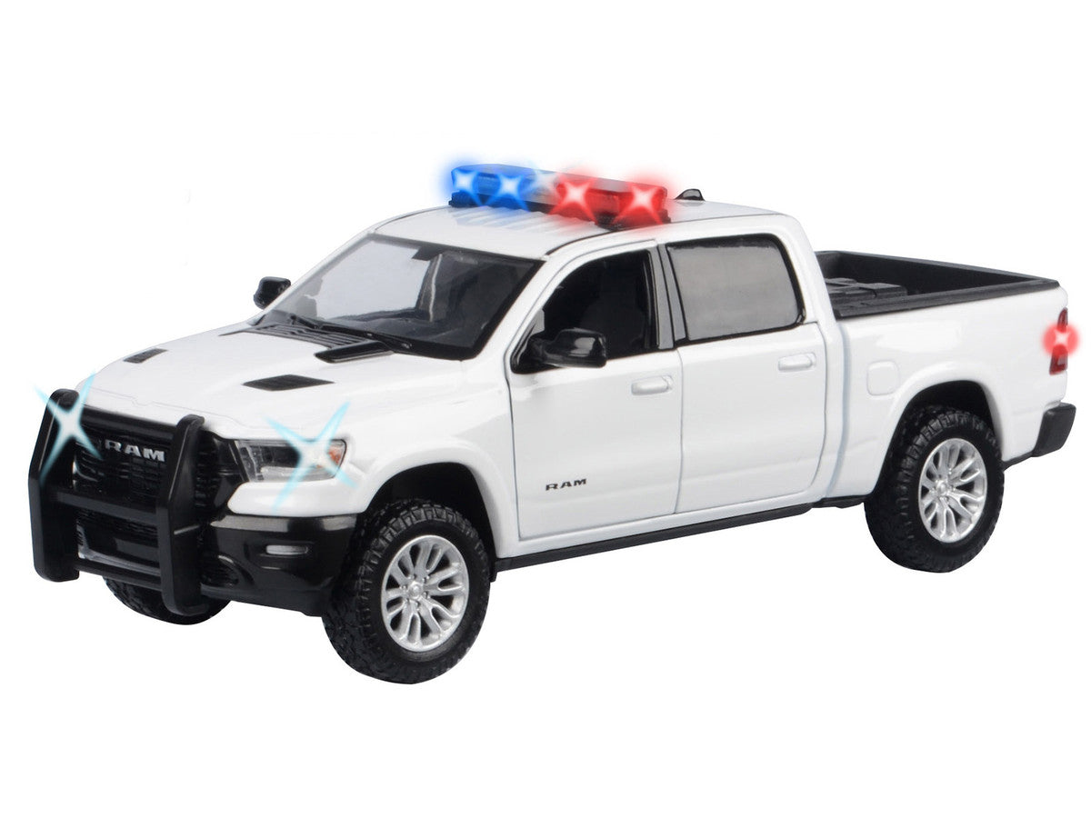2019 RAM 1500 Laramie Crew Cab Pickup Truck White with Flashing Light Bar and Front and Rear Lights and Sounds 1/27 Diecast Model Car by Motormax-1