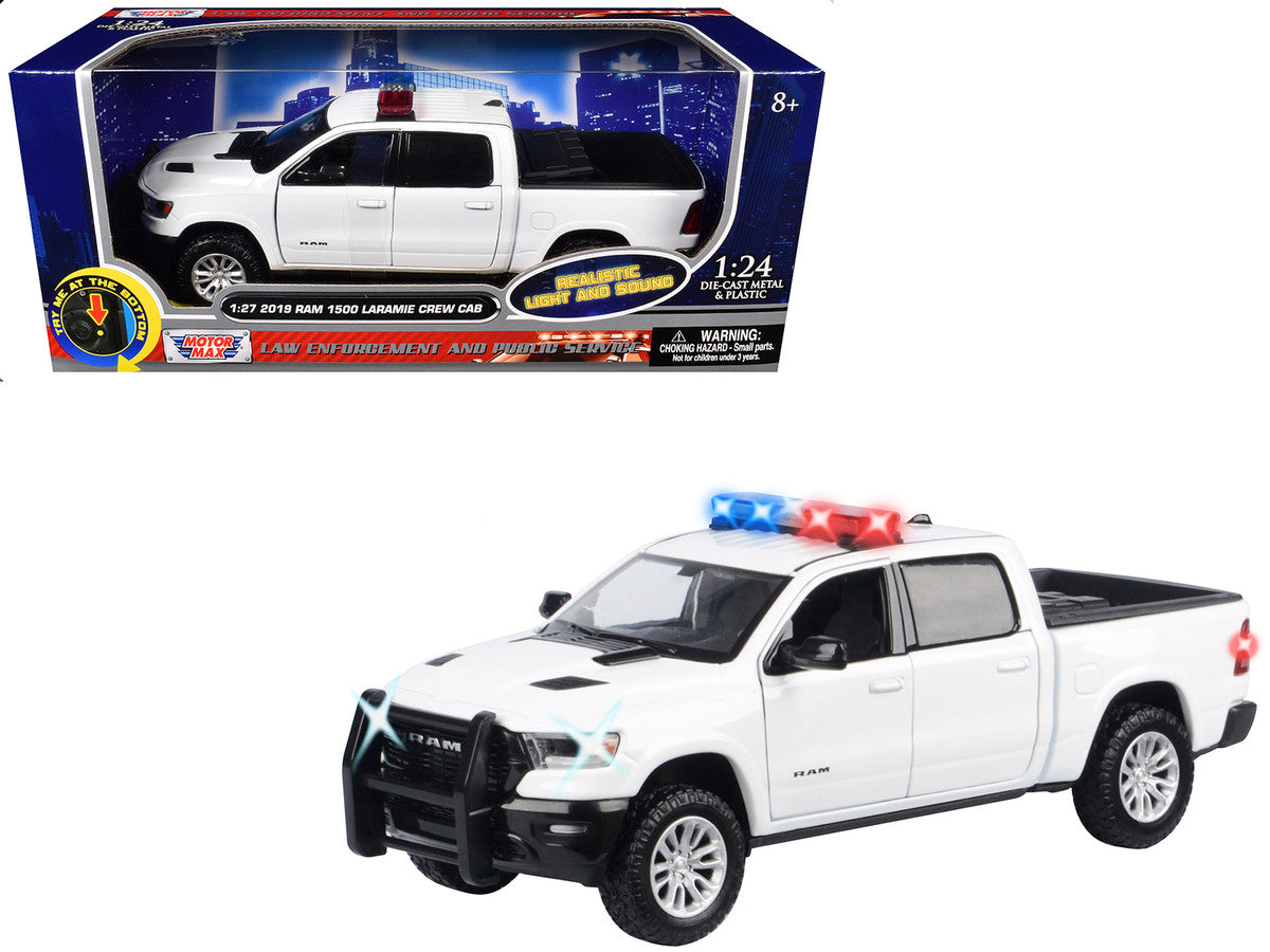 2019 RAM 1500 Laramie Crew Cab Pickup Truck White with Flashing Light Bar and Front and Rear Lights and Sounds 1/27 Diecast Model Car by Motormax-0