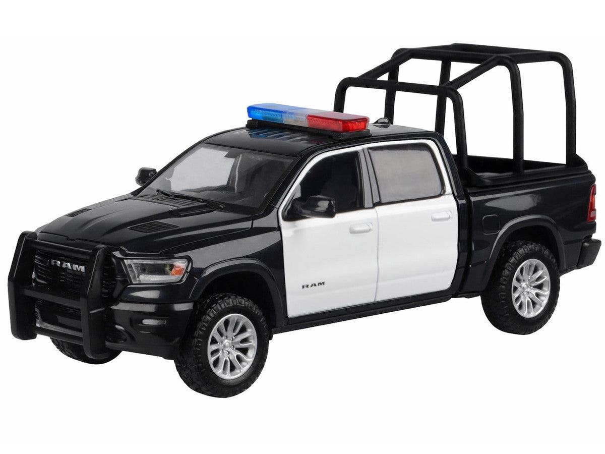 2019 RAM 1500 Laramie Crew Cab Pickup Truck with Bed Cage Black and White with Flashing Light Bar and Front and Rear Lights and Sounds 1/27 Diecast Model Car by Motormax-1