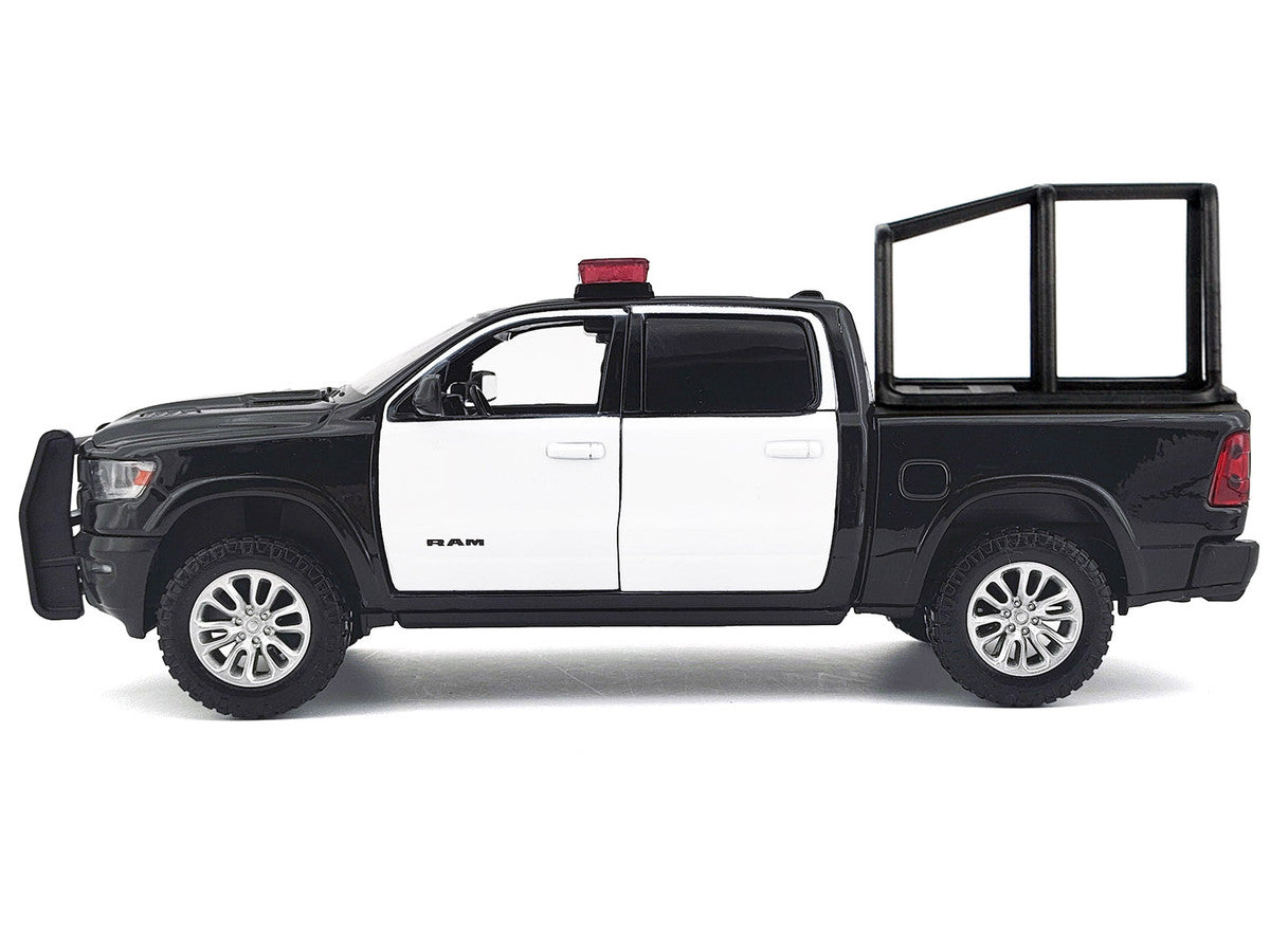 2019 RAM 1500 Laramie Crew Cab Pickup Truck with Bed Cage Black and White with Flashing Light Bar and Front and Rear Lights and Sounds 1/27 Diecast Model Car by Motormax-2