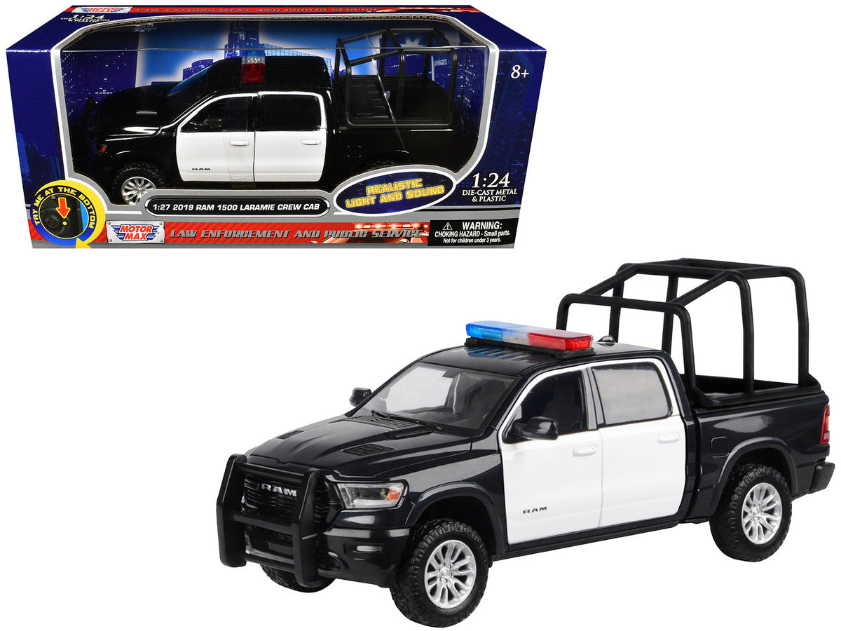 2019 RAM 1500 Laramie Crew Cab Pickup Truck with Bed Cage Black and White with Flashing Light Bar and Front and Rear Lights and Sounds 1/27 Diecast Model Car by Motormax-0