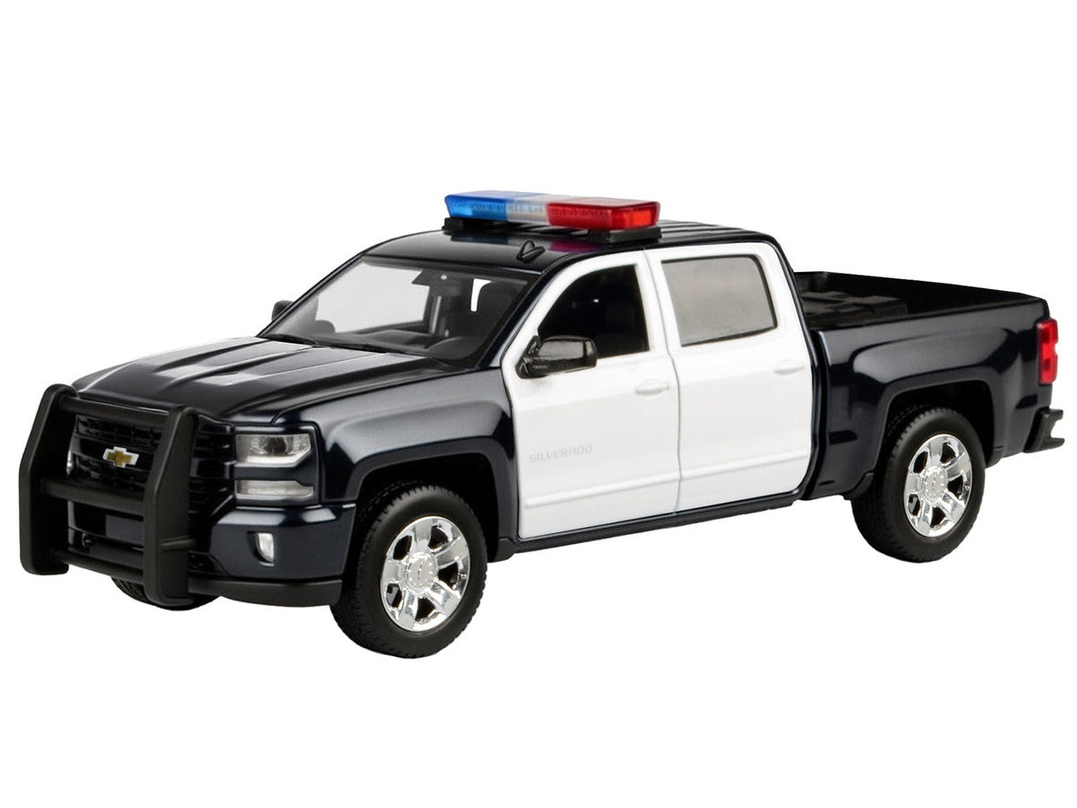 2017 Chevrolet Silverado 1500 LT Z71 Crew Cab Pickup Truck Black and White with Flashing Light Bar and Front and Rear Lights and Sounds 1/27 Diecast Model Car by Motormax-1