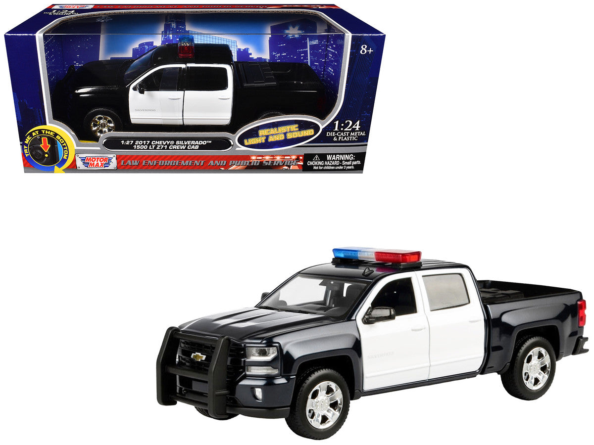 2017 Chevrolet Silverado 1500 LT Z71 Crew Cab Pickup Truck Black and White with Flashing Light Bar and Front and Rear Lights and Sounds 1/27 Diecast Model Car by Motormax-0