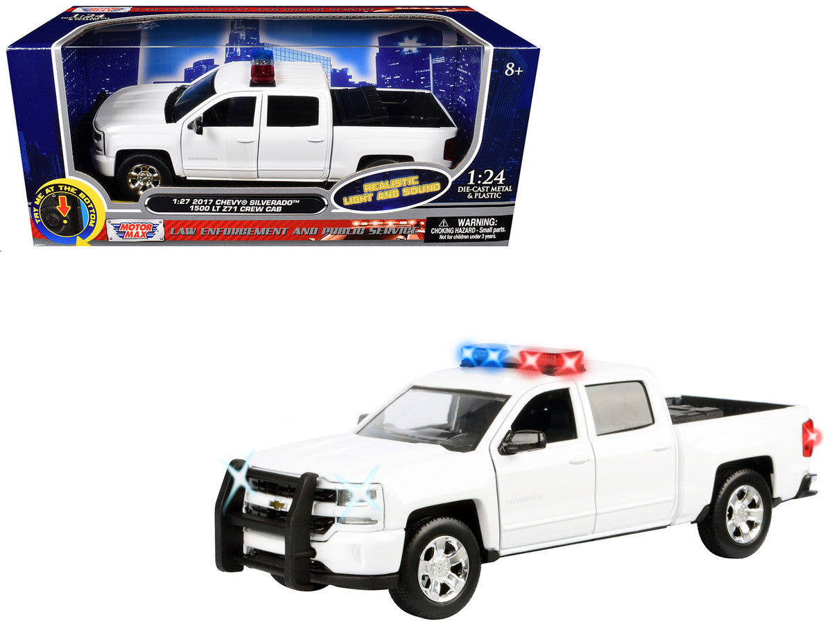 2017 Chevrolet Silverado 1500 LT Z71 Crew Cab Pickup Truck White with Flashing Light Bar and Front and Rear Lights and Sounds 1/27 Diecast Model Car by Motormax-0