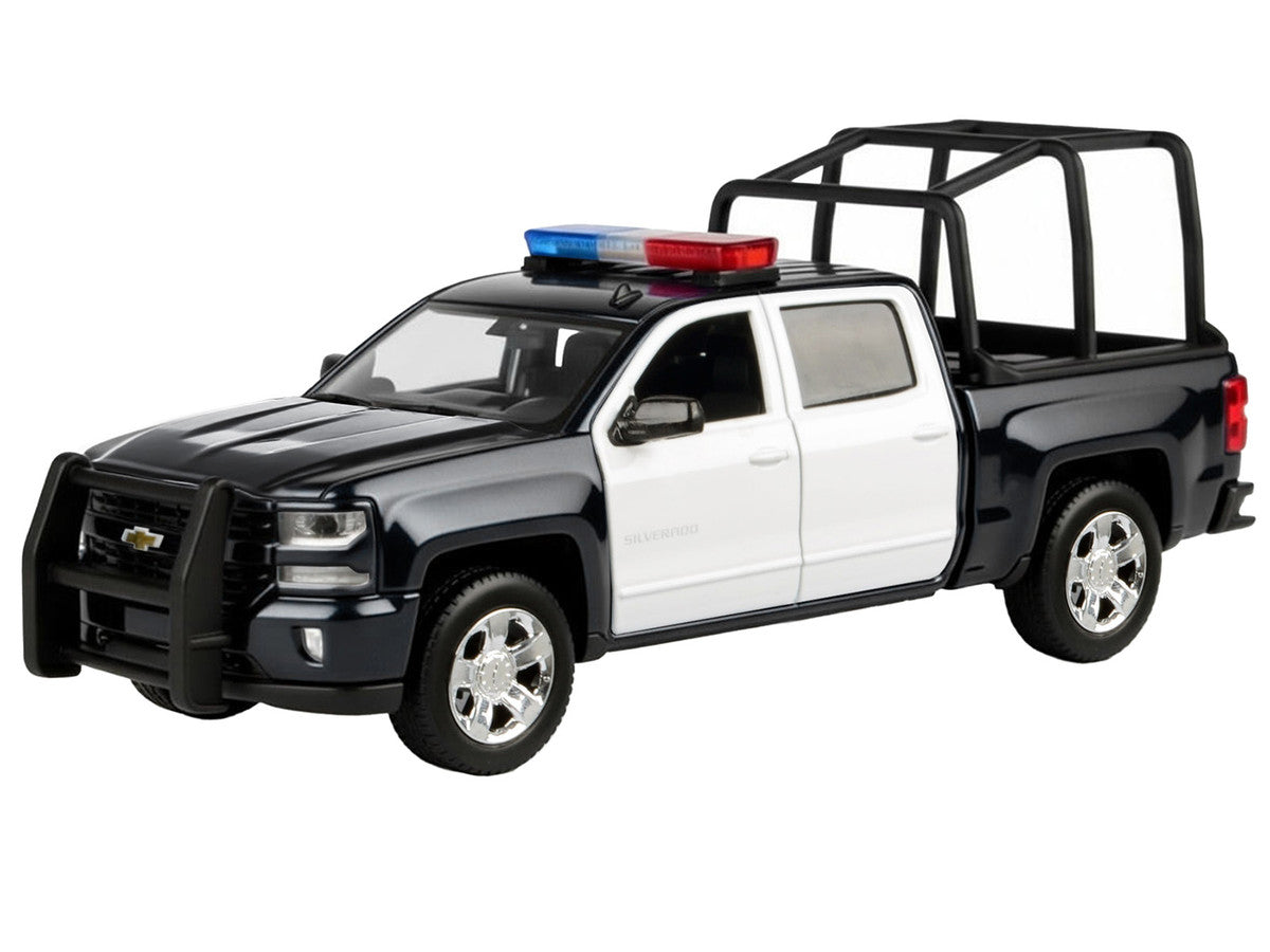 2017 Chevrolet Silverado 1500 LT Z71 Crew Cab Pickup Truck with Bed Cage Black and White with Flashing Light Bar and Front and Rear Lights and Sounds 1/27 Diecast Model Car by Motormax-1