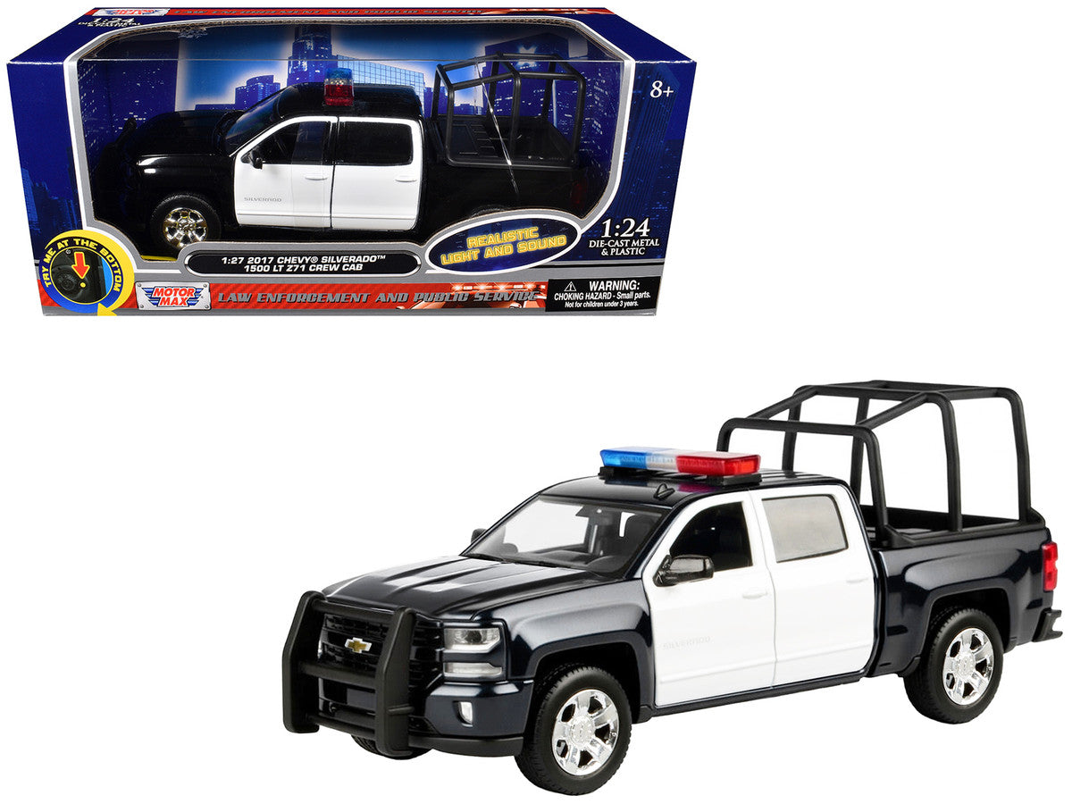 2017 Chevrolet Silverado 1500 LT Z71 Crew Cab Pickup Truck with Bed Cage Black and White with Flashing Light Bar and Front and Rear Lights and Sounds 1/27 Diecast Model Car by Motormax-0