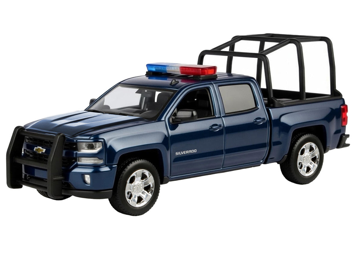 2017 Chevrolet Silverado 1500 LT Z71 Crew Cab Pickup Truck with Bed Cage Dark Blue with Flashing Light Bar and Front and Rear Lights and Sounds 1/27 Diecast Model Car by Motormax-1