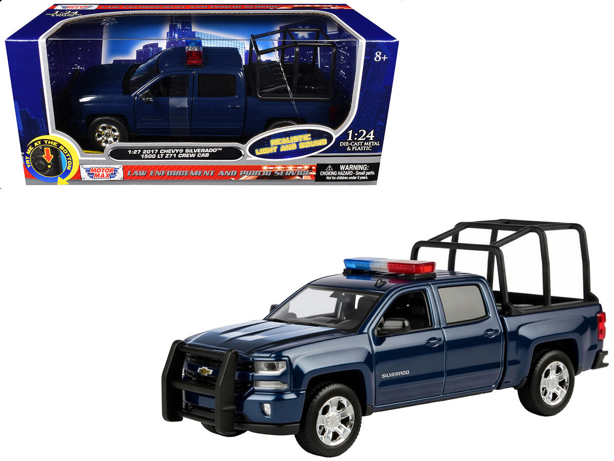 2017 Chevrolet Silverado 1500 LT Z71 Crew Cab Pickup Truck with Bed Cage Dark Blue with Flashing Light Bar and Front and Rear Lights and Sounds 1/27 Diecast Model Car by Motormax-0