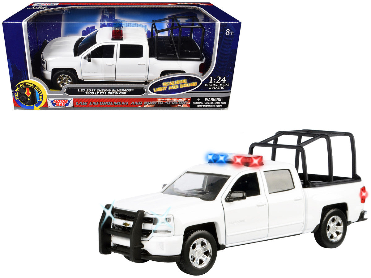 2017 Chevrolet Silverado 1500 LT Z71 Crew Cab Pickup Truck with White with Flashing Light Bar and Front and Rear Lights and Sounds 1/27 Diecast Model Car by Motormax-0