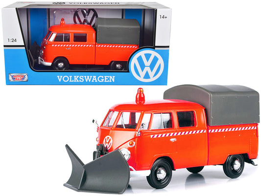 Volkswagen Type 2 (T1) Pickup Truck Orange with Snow Plow and Camper Shell 1/24 Diecast Model Car by Motormax-0