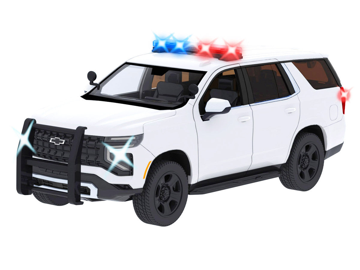 2025 Chevrolet Tahoe PPV White "Builder's Kit" with Flashing Light Bar and Front and Rear Lights and Sounds 1/24 Diecast Model Car by Motormax-1
