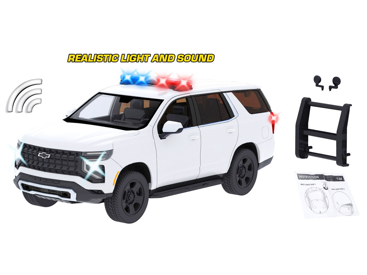 2025 Chevrolet Tahoe PPV White "Builder's Kit" with Flashing Light Bar and Front and Rear Lights and Sounds 1/24 Diecast Model Car by Motormax-2