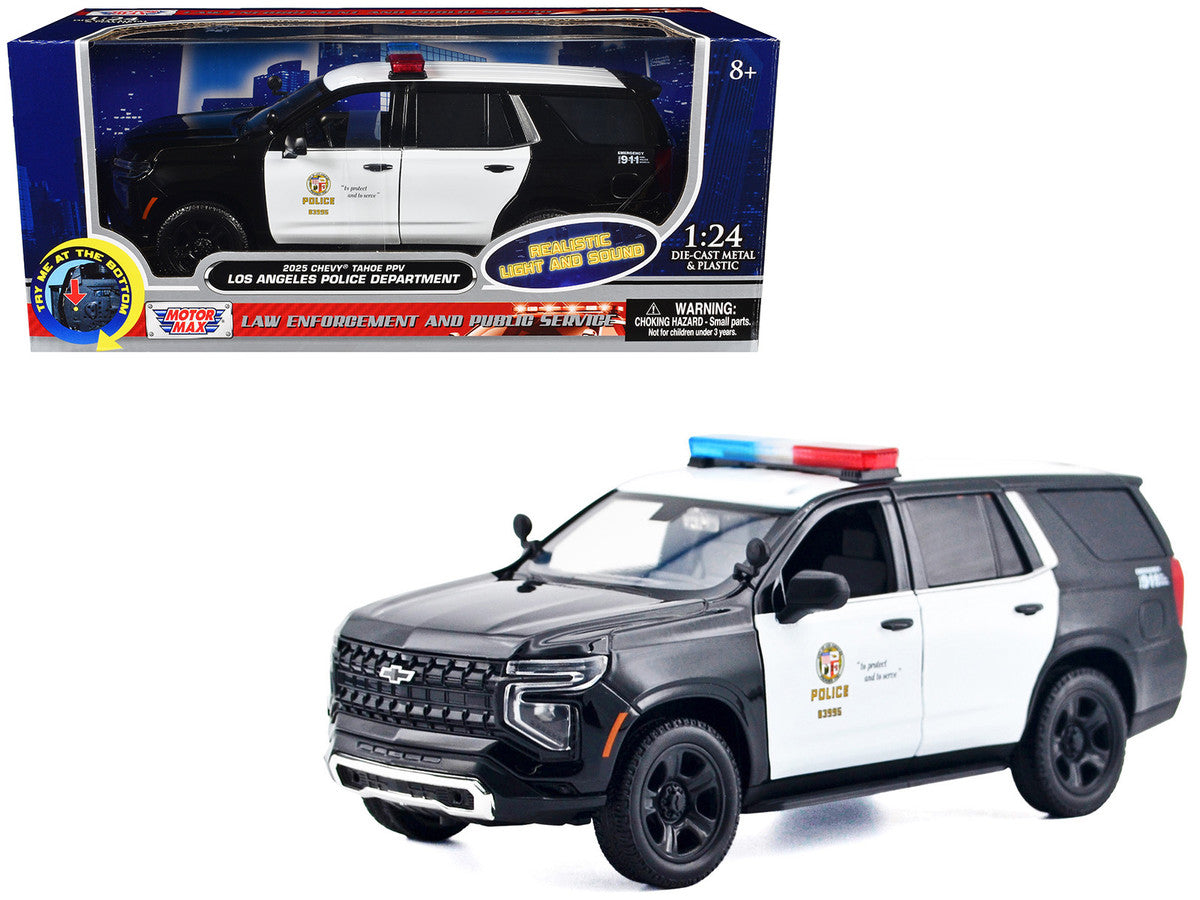 2025 Chevrolet Tahoe PPV "LAPD (Los Angeles Police Department)" Black and White with Flashing Light Bar and Front and Rear Lights and Sounds 1/24 Diecast Model Car by Motormax-4