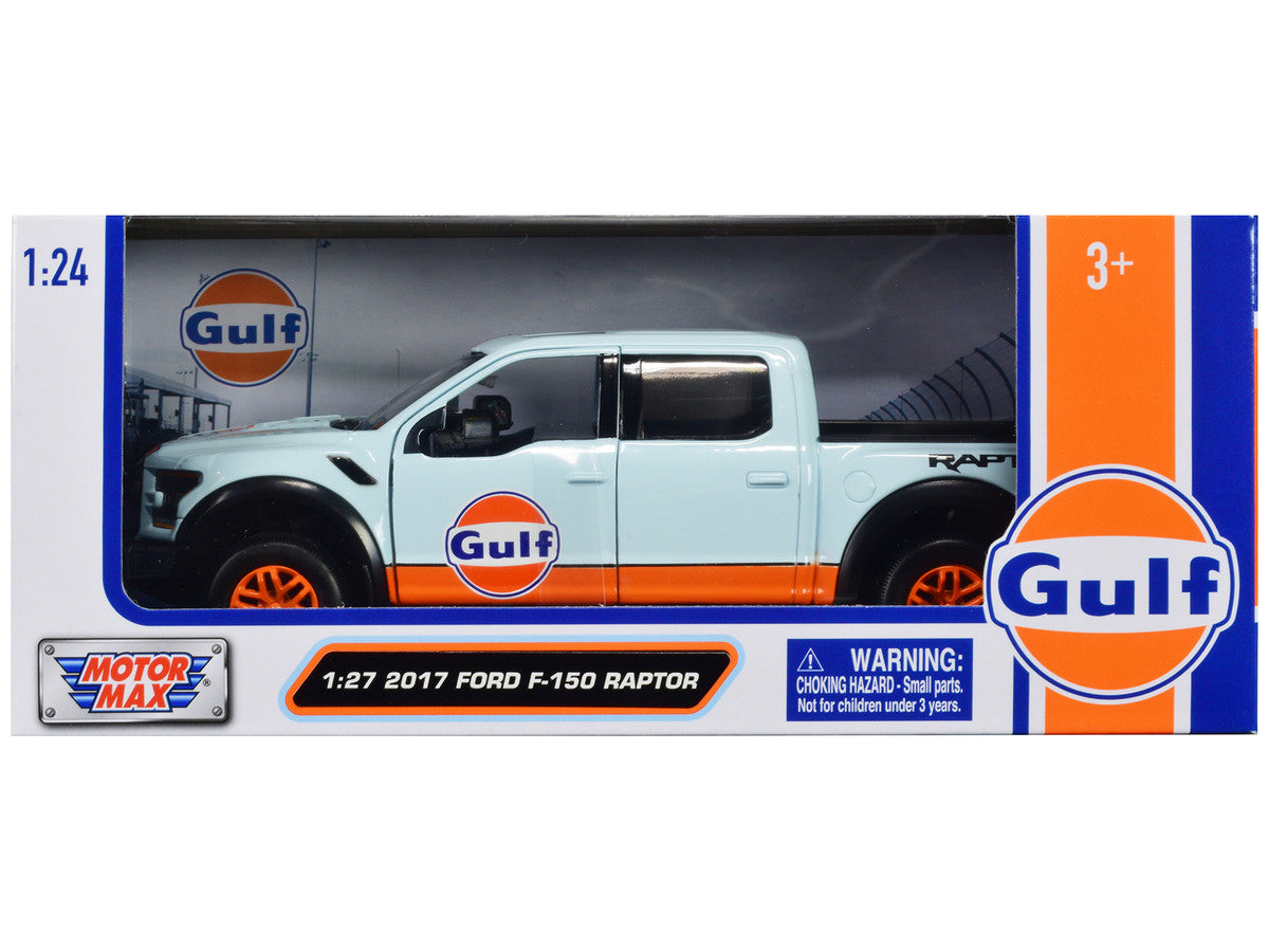 2017 Ford F-150 Raptor Pickup Truck Light Blue with Orange Stripes "Gulf Oil" "Gulf Die-Cast Collection" 1/27 Diecast Model Car by Motormax-0