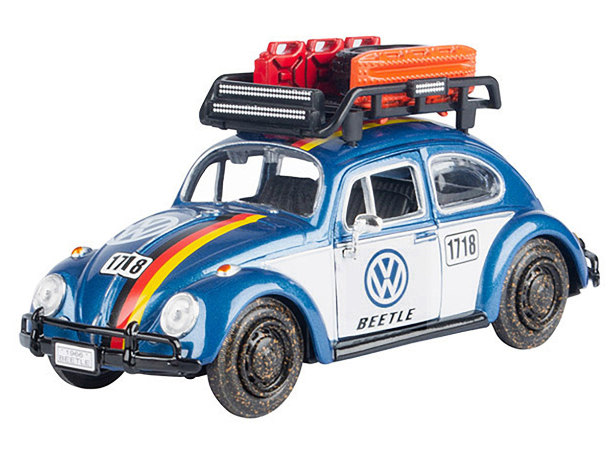 1966 Volkswagen Beetle Off Road #1718 Blue Metallic and White with German Flag Stripes and Roof Rack Accessories 1/24 Diecast Model Car by Motormax-1
