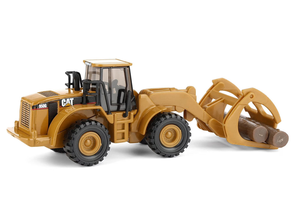 CAT Caterpillar 950G Wheel Loader Yellow with Log Fork and Wood Log Accessories 1/87 (HO) Diecast Model by Diecast Masters-1