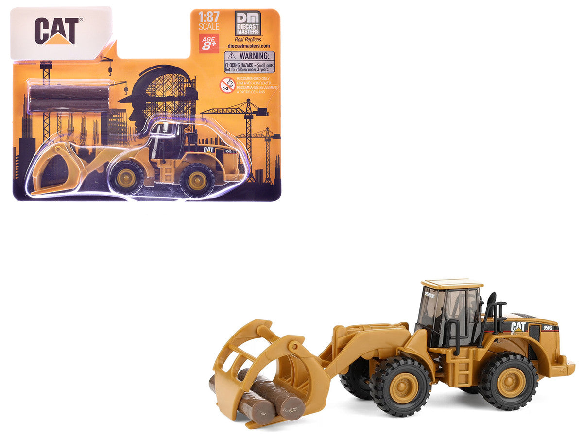 CAT Caterpillar 950G Wheel Loader Yellow with Log Fork and Wood Log Accessories 1/87 (HO) Diecast Model by Diecast Masters-4