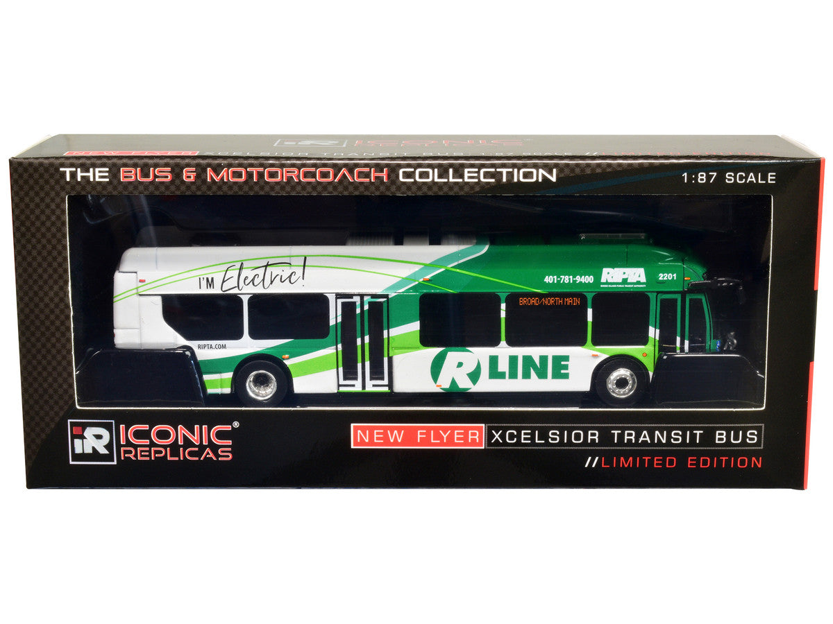 New Flyer Xcelsior Charge NG Electric Transit Bus RIPTA (Rhode Island Public Transit Authority) "R Line Broad/North Main" "The Bus & Motorcoach Collection" 1/87 Diecast Model by Iconic Replicas-1