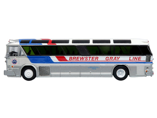 1964 MCI MC-5A Coach Bus "Brewster Gray Line" Silver with Blue and Red Stripes "Vintage Bus & Motorcoach Collection" Limited Edition to 504 pieces Worldwide 1/87 (HO) Diecast Model by Iconic Replicas-0