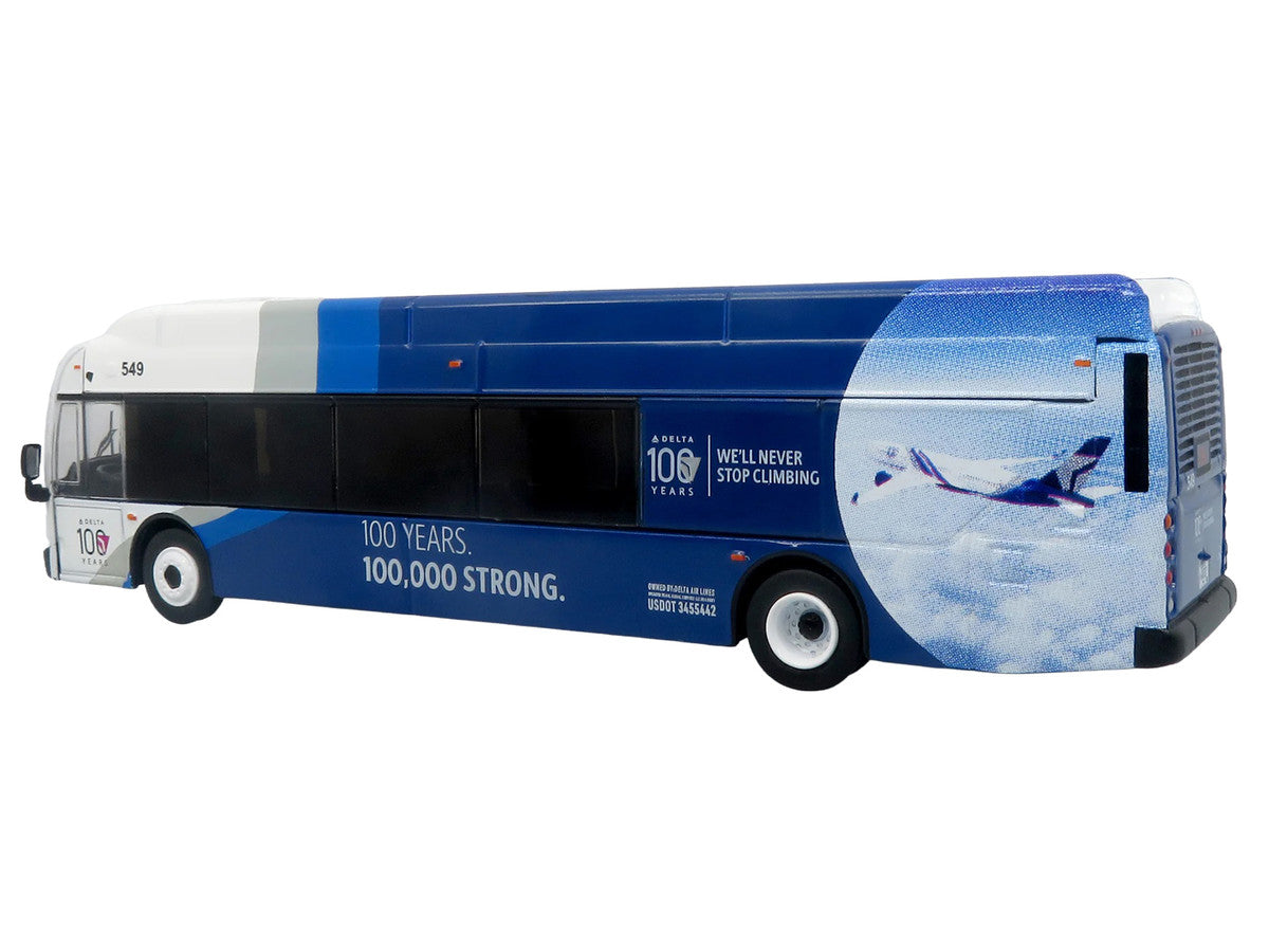 New Flyer Xcelsior XN40 Transit Bus "Delta Air Lines 100th Anniversary" Blue and White with Graphics "The Bus & Motorcoach Collection" Limited Edition 1/87 (HO) Scale Diecast Model by Iconic Replicas-1