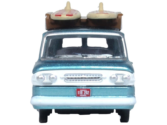 1961 Chevrolet Corvair Greenbrier Passenger Wagon Van Turquoise Metallic and Cameo White with Surfboards on Roof 1/87 (HO) Scale Diecast Model Car by Oxford Diecast-0