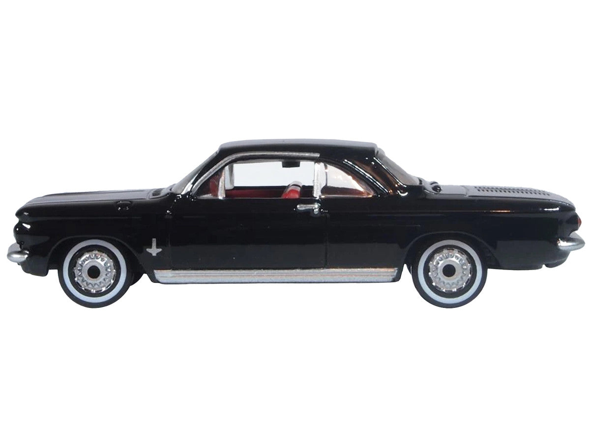 1963 Chevrolet Corvair Coupe Tuxedo Black with Red Interior  1/87 (HO) Scale Diecast Model Car by Oxford Diecast-0