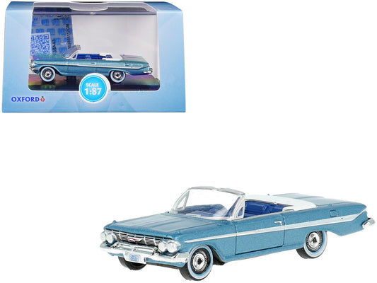 1961 Chevrolet Impala Convertible Jewel Blue Metallic and White with Blue Interior 1/87 (HO) Scale Diecast Model Car by Oxford Diecast-0