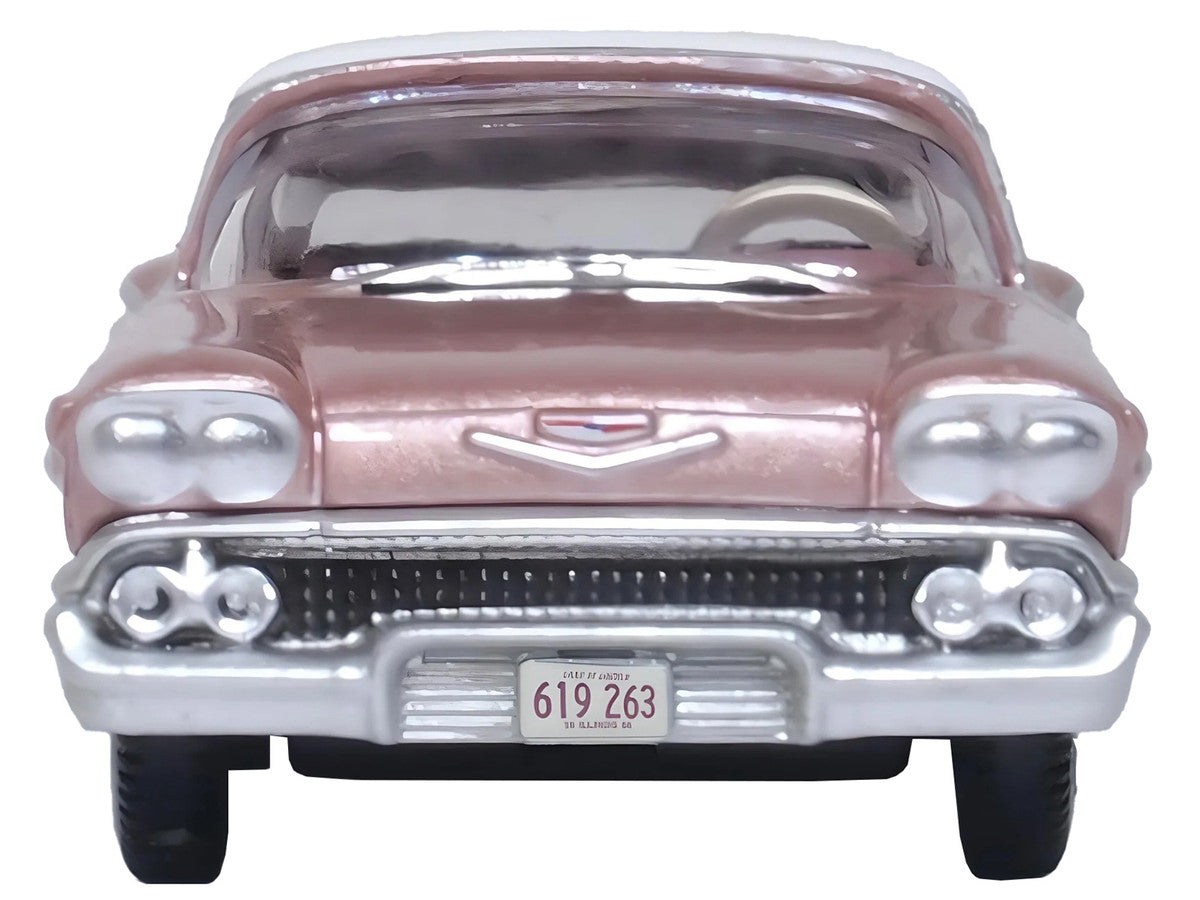 1958 Chevrolet Impala Sport Cay Coral Pink Metallic with White Top 1/87 (HO) Scale Diecast Model Car by Oxford Diecast-2
