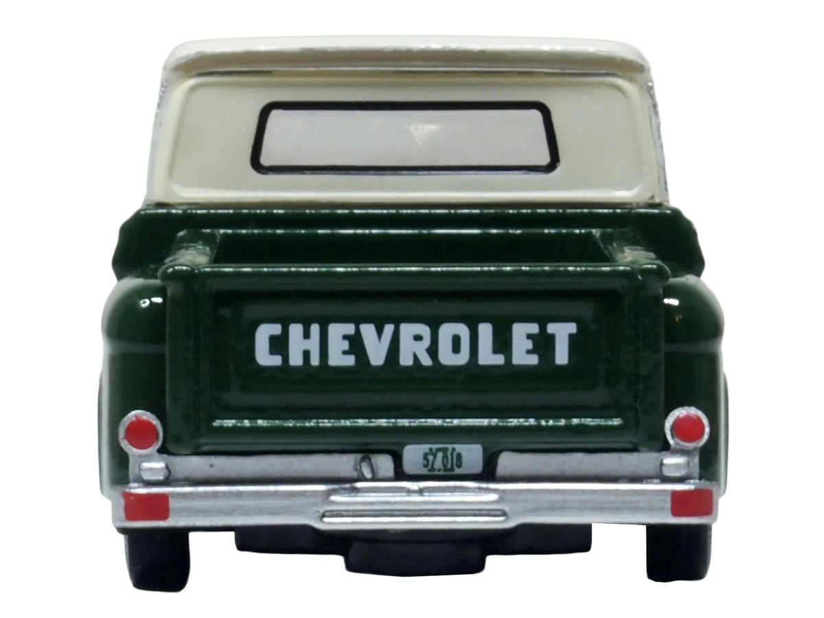 1965 Chevrolet C10 Stepside Pickup Truck Dark Green with Ivory Top 1/87 (HO) Scale Diecast Model Car by Oxford Diecast-0