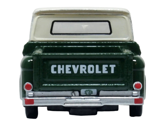 1965 Chevrolet C10 Stepside Pickup Truck Dark Green with Ivory Top 1/87 (HO) Scale Diecast Model Car by Oxford Diecast-0