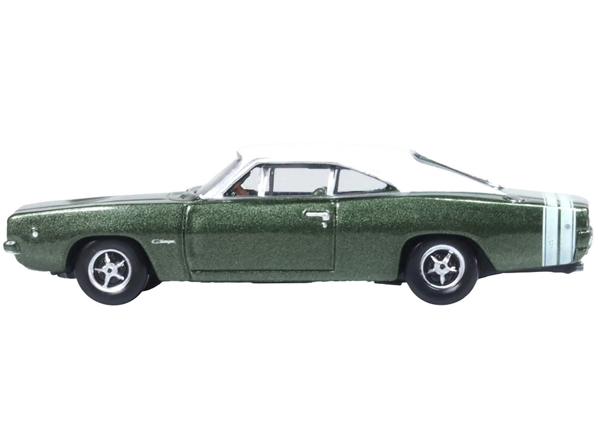 1968 Dodge Charger Racing Green Metallic with White Top and Tail Stripe 1/87 (HO) Scale Diecast Model Car by Oxford Diecast-0